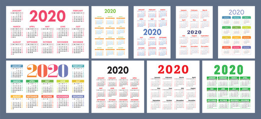 Calendar 2020 template. Calender design set. Vector square, horizontal and vertical layout. Colorful English collection. Week starts on Sunday