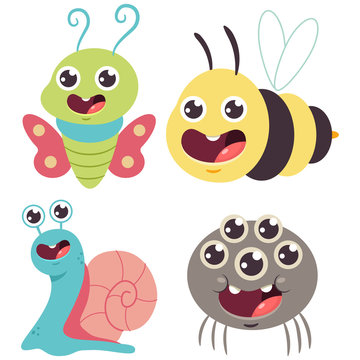 Cute bug vector cartoon set. Funny bumblebee, snail, butterfly and spider isolated on a white background.