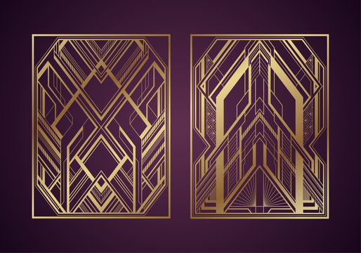 Gold art deco panels on dark purple background