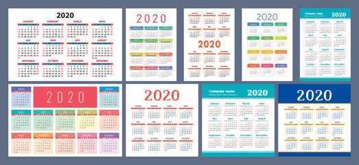 Calendar 2020 template. Calender design set. Vector square, horizontal and vertical layout. Colorful English collection. Week starts on Sunday