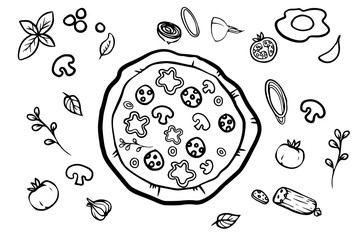 Italian pizza and ingredients top view frame. Italian food menu design template. Vintage hand drawn sketch, vector illustration. Engraved style illustration. Pizza label for menu.