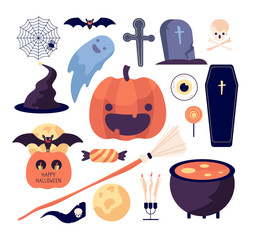 Halloween set. Spider web and pumpkin, bat and coffin, grave and moon, broom and skull, sweets and candle vector isolated collection. Illustration spider halloween, bat and broom