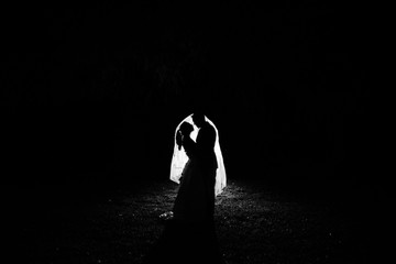 silhouette of a silhouette of a bride and groom at night standing underneath the brides veil. The veil is illuminated.and groom under the brides veil