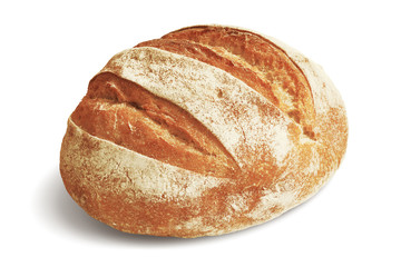Laib Roggenbrot. Frisch gebackenes Brot, isoliert auf weiss, volle Schärfentiefe