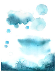 Set of spots and splashes in blue watercolor.