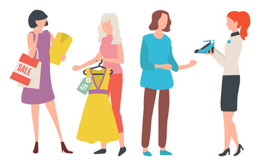 Women buying clothes and footwear, female holding dress and package. Person choosing high heels, season sale old collection, people in store, retail. Vector illustration in flat cartoon style