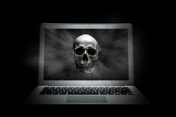 Human skull on laptop screen
