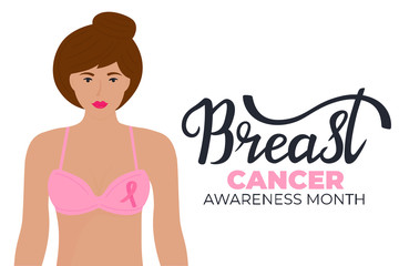 National Breast Cancer Awareness Month banner. A girl in a bra with a pink ribbon.