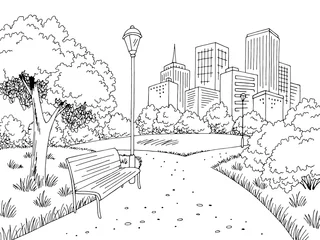 Parken Sie grafischen schwarzen weißen Stadtlandschaftsskizzen-Illustrationsvektor © aluna1