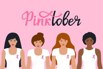 National Breast Cancer Awareness Month. Pinktober hand drawn lettering. A group of women of different nationalities in a T-shirt with a pink ribbon.