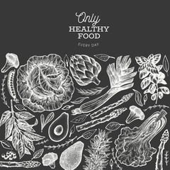 Green vegetables design template. Hand drawn vector food illustration on chalk board. Engraved style vegetable banner. Retro botanical banner.