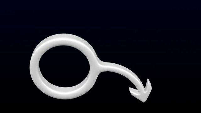 Concept - erectile dysfunction: white gender sign spear and shield of Mars bend on black and dark blue background. Loopable. Luma matte. 3D rendering.