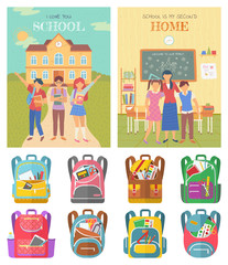 School education vector, teacher with students in classroom. Pupils with books and satchels standing by campus. Set of bags with supplies flat style. Back to school concept. Flat cartoon