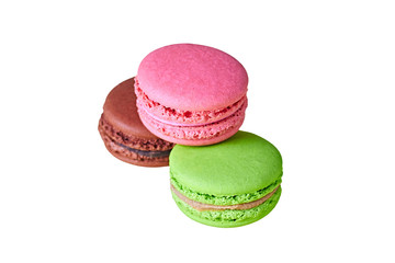 Set of macaroons with different colors and varied taste, almond, chocolate, raspberry, strawberry and mint isolated on white background. Close-up