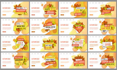 Set of cards with seasonal proposition from store, vector. Shop sale in autumn. Autumnal offer discounts. Fall leaves with gold tags. Flyer hot price and lowered cost, promotion premium quality goods