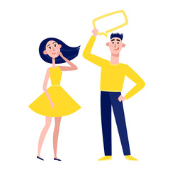 Thinking women and men standing isolated on white.