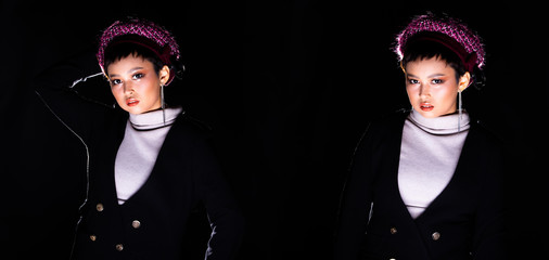 Beautiful Asian 20s Woman short hair fashion make up in turtle neck shirt looks strong to camera,...