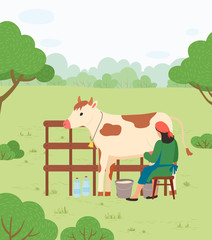 Farmer woman in red kerchief and blue apron milking cow in field. Milkmaid working at countryside. Livestock and cattle, farmland. Vector illustration in flat cartoon style