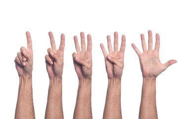 five man's hand rising to the sky making number gesture fro one to five, clipping path included and copy space for your text