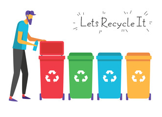 Color vector flat style illustration about waste recycling. A man separates waste into a trash can of a certain color. Landing page concept, template, user interface, web.