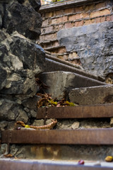 Background or texture of broken old, concrete steps on street with metal crossbars and fallen autumn, yellow leaves. Stone wall.