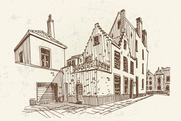 Vector sketch of Traditional architecture in the town of Bruges (Brugge), Belgium