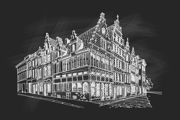 Obraz premium Vector sketch of Traditional architecture in the town of Bruges (Brugge), Belgium