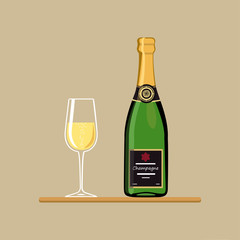 Champagne bottle with wine glass on tray. Cartoon flat style. Vector illustration