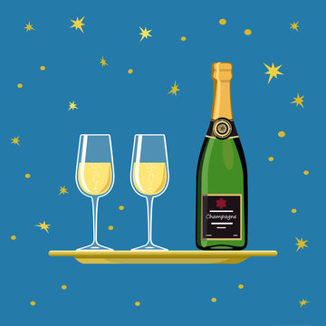 Champagne. Bottle of champagne with glasses on background of starry sky. Cartoon flat style. Vector illustration