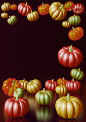 Vertical 3D rendering composition with red, green and orange pumpkins on dark background.