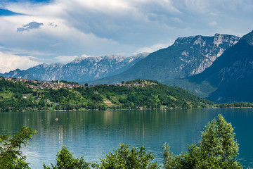 Lake Caldonazzo and Italian Alps with the small village of Tenna, Valsugana valley, Trento province, Trentino-Alto Adige, Italy, Europe