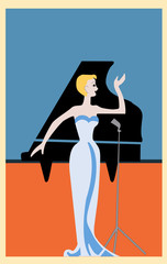 vector illustration of a card which depicts a girl who sings, retro postcard