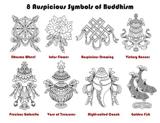 Design set with eight auspicious symbols of Buddhism isolated on white.