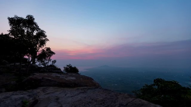 Time lapse of Morning mood on mountain and sun with colorful clouds beatiful. Landscape sunrise at Khao Phra Ya Dern Thong View Point. Phatthana Nikhom, Lopburi Thailand