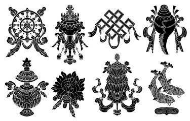 Design set with eight black silhouettes of auspicious symbols of Buddhism isolated on white.