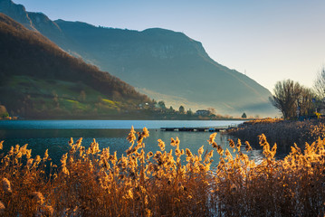 Endine lake at sunset, the lake is located near Bergamo in Valle Cavallina, Italy Lombardy.