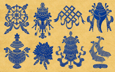 Design set with eight blue silhouttes of auspicious symbols of Buddhism. - obrazy, fototapety, plakaty
