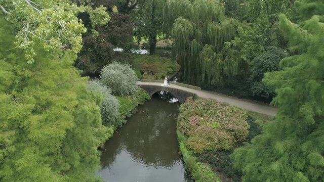Aerial Dolly Out Slowmotion of Young Millenial Wedding Couple Standing on a Small Bridge