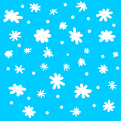 White snowflake doodles on a blue background. Winter, New year and Christmas backgrounds and texture.
