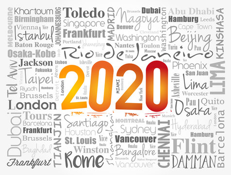 2020 travel cities word cloud collage, trip destinations concept background
