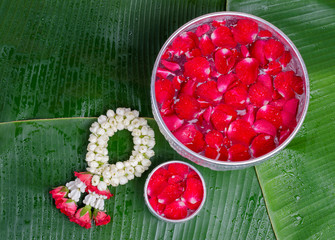 Jasmine and roses in silver bowl on leaves of banana background ,Songkran festival in Thailand