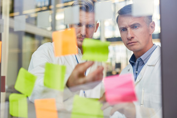 Two doctors carefully read notes with ideas