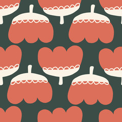 Contemporary seamless pattern with abstract retro flower shapes. Modern collage style red white black flower background. Scandinavian vintage design for fabric, digital scrapbooking, wallpaper, decor