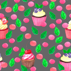 Sweet delicious watercolor pattern with cupcakes. Hand-drawn background.