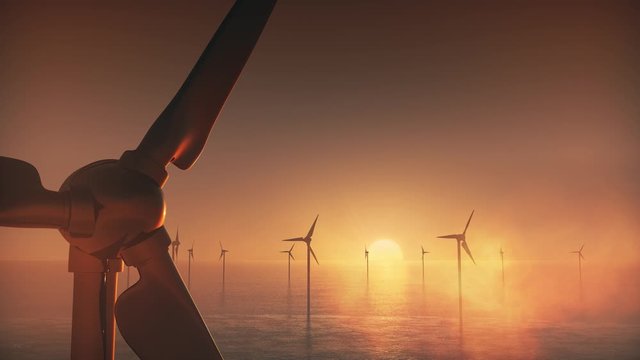Offshore wind turbines on the rising sun background. 3d render
