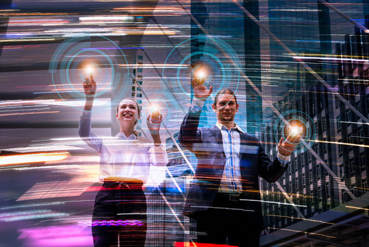 Double exposure business team point to touch objects in virtual using light colorful in abstract digital to show 3d image hi technology 5g system.