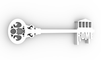 Travel template. Rome city name text with ancient temple silhouette. Illustration concept of a key of travel. 3D rendering.