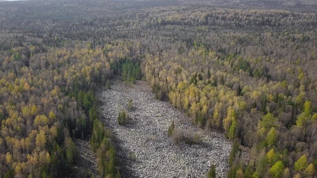 Taganay National Park in Russia in Autumn. Aerial View of "Big Stone River", Biggest Deposit Occurrence of Aventurine Quartz