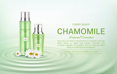 Chamomile cosmetics bottles mock up banner. Natural beauty product spray and pump tubes package on green water surface background with flowers. Eco moisturize cosmetic Realistic 3d vector illustration