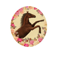 Horse and flowers .Composition in oval, retro style .illustration digital painting